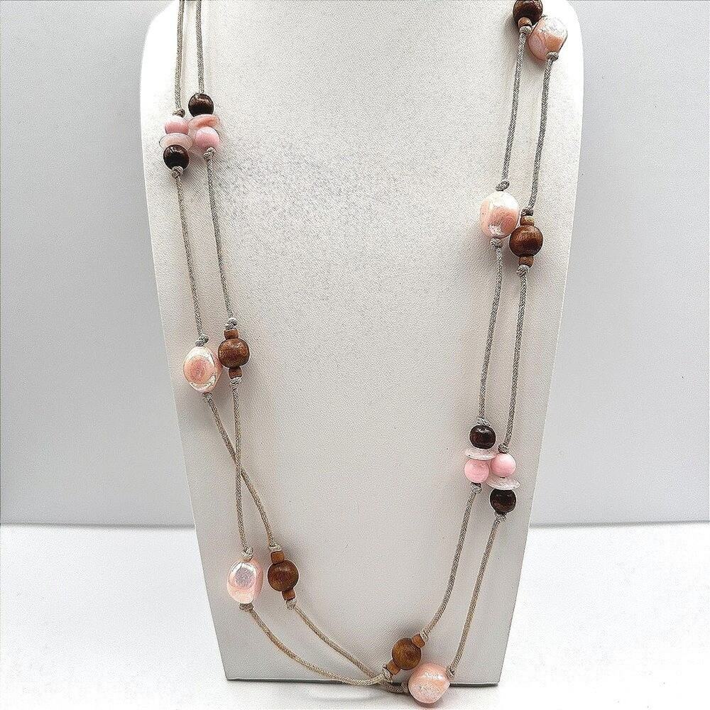 Vintage 90s Boho Pink & Brown Wood Bead Double Strand Cord Necklace Jewelry